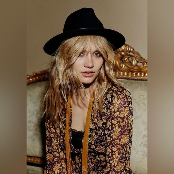 Anthropologie Amelia Black Wool Fedora Hat Studs Accent Boho Western Coastal main image 4